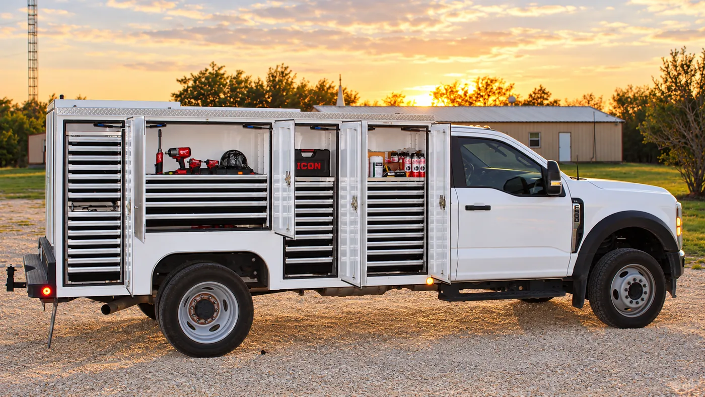 White Ford F-550 service truck seen from the side with its utility-body compartments open, showing tool drawers, power tools and supplies, parked on gravel at sunset.